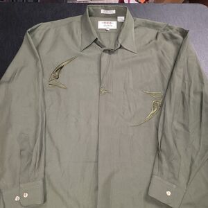 Tipo's Vintage Untucked Olive Green Mens Embroidered Long Sleeve Dress Shirt